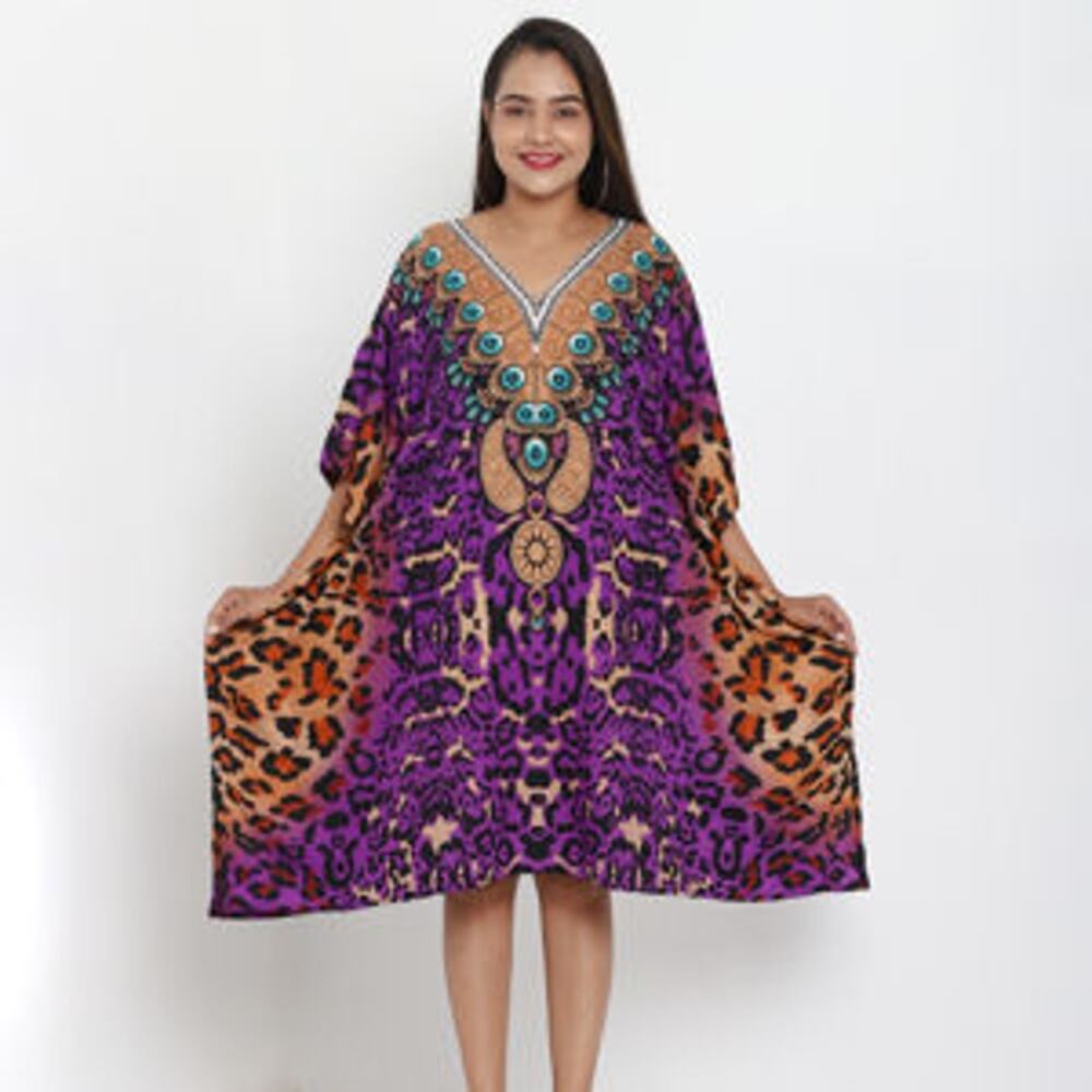 JOVIE Purple Cheetah V-Neck Kaftan - One Size Fits Most - Picture 2 of 5